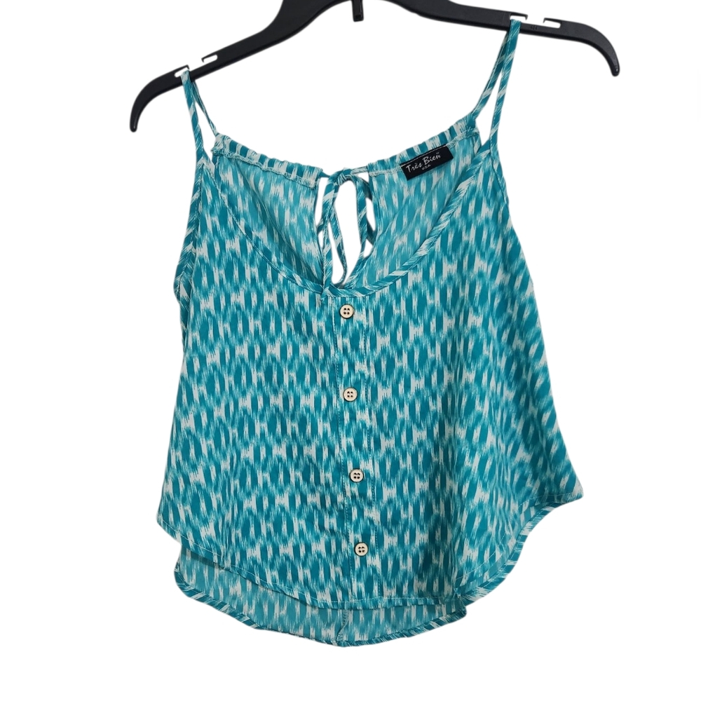 Tres Bien Strappy Tank Top Blouse Adjustable Back Tie Size Small Blue Green